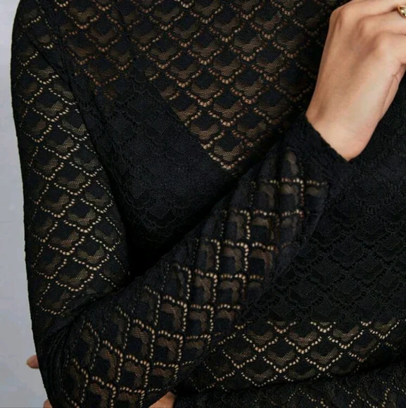 Women Black Hollow Out Lace Blouse, Elastic Crew Neck Ladies Long Sleeve Top - Picture 3 of 4